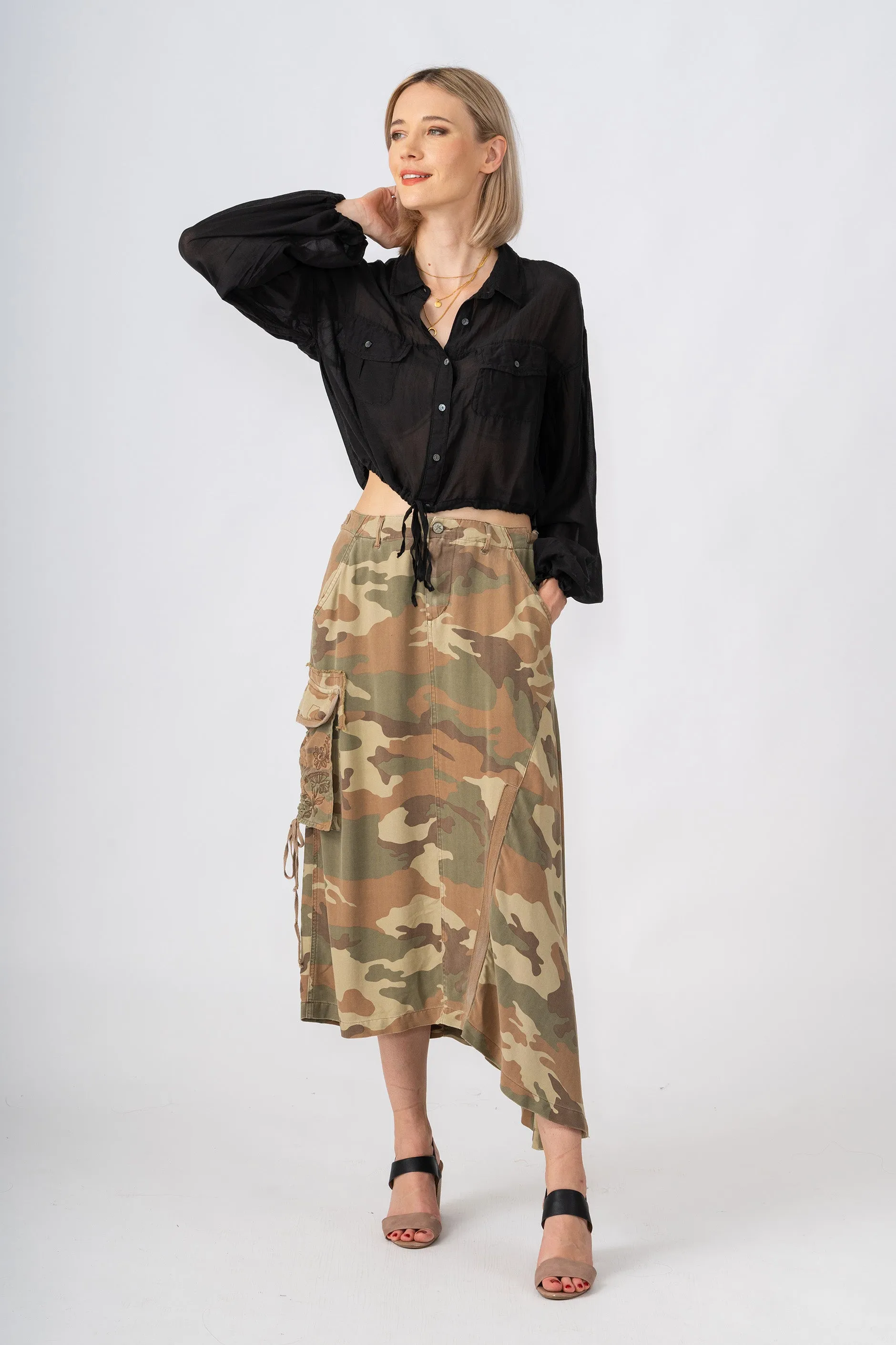 100% Silk asymmetric cargo skirt with embroidery in Moss camo