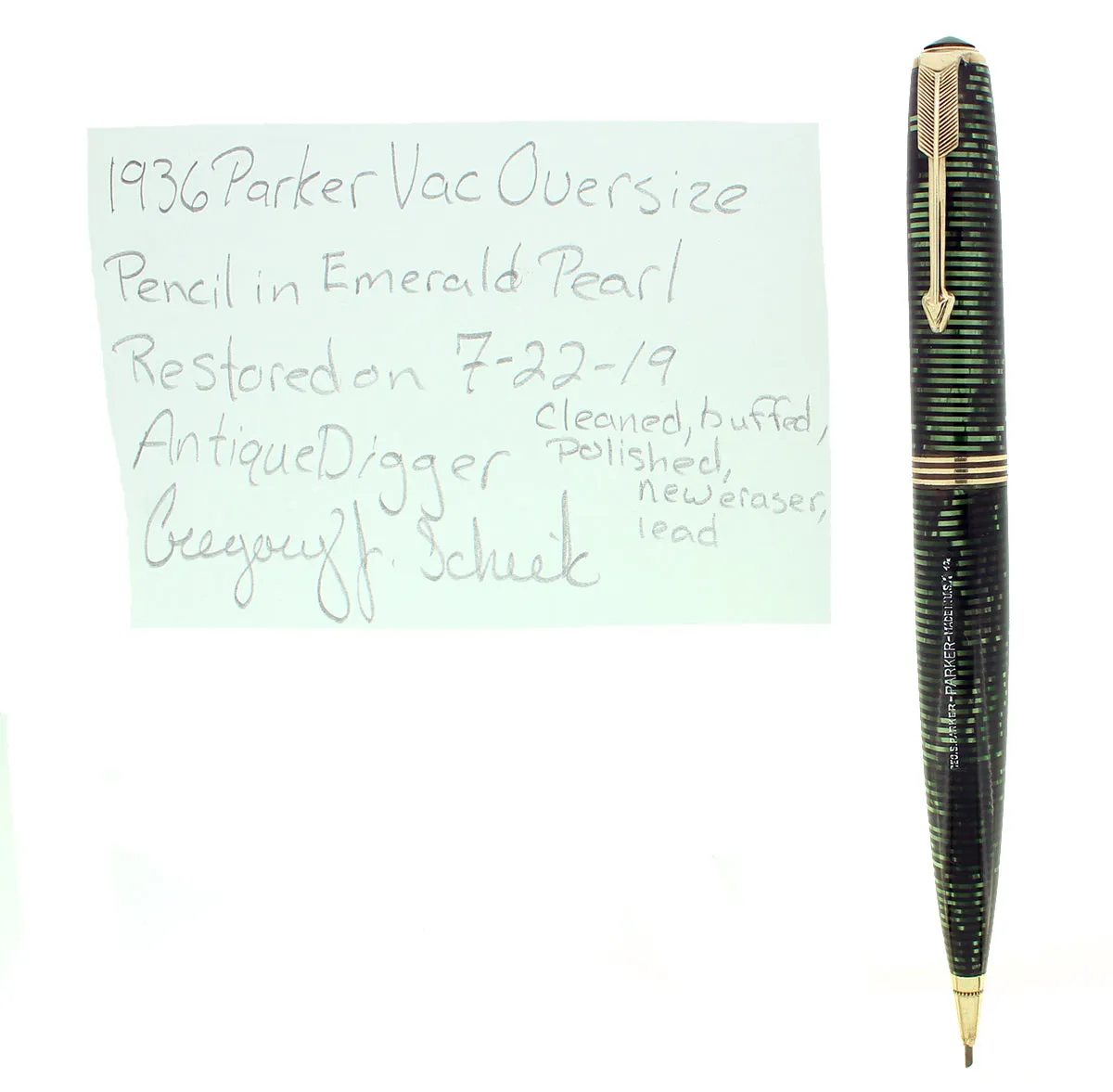 1936 PARKER VACUMATIC EMERALD PEARL OVERSIZE MECHANICAL PENCIL RESTORED