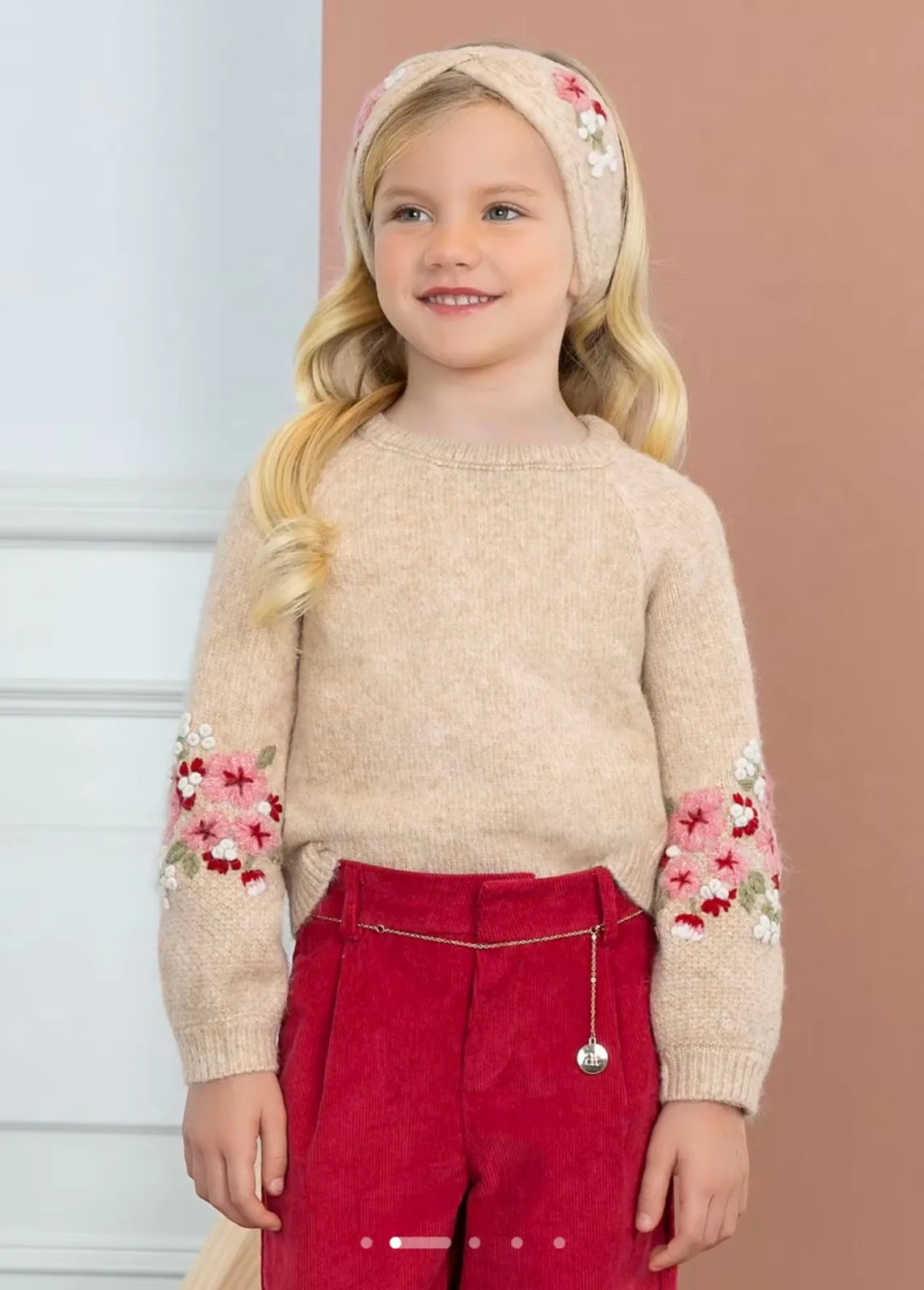 Abel & Lula Girls Embroidered Knit Sweater & Matching Knit Headband