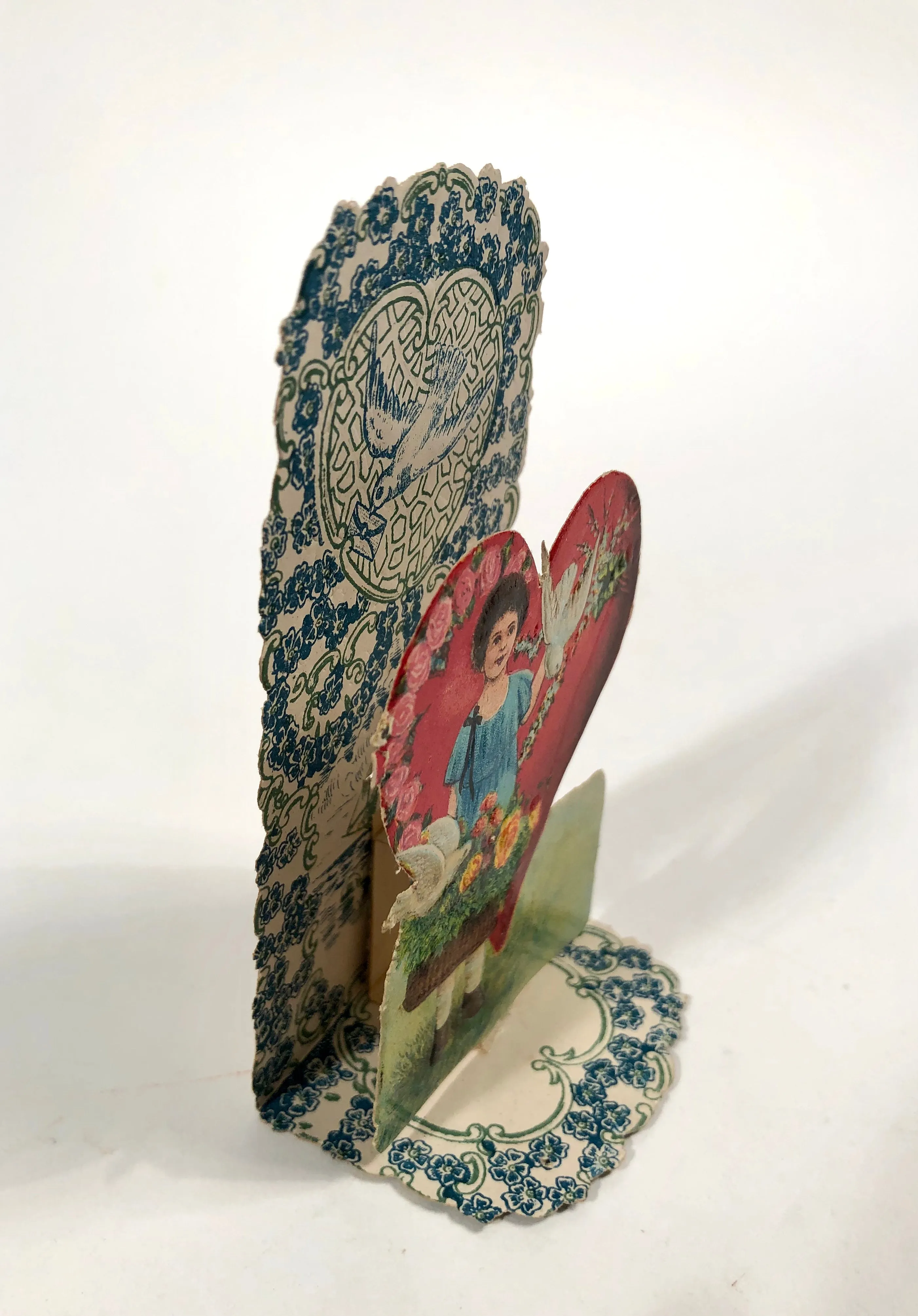 Antique Fold-Out Three Dimensional 1920's VALENTINE || Little Girl, Doves and Basket of Flowers