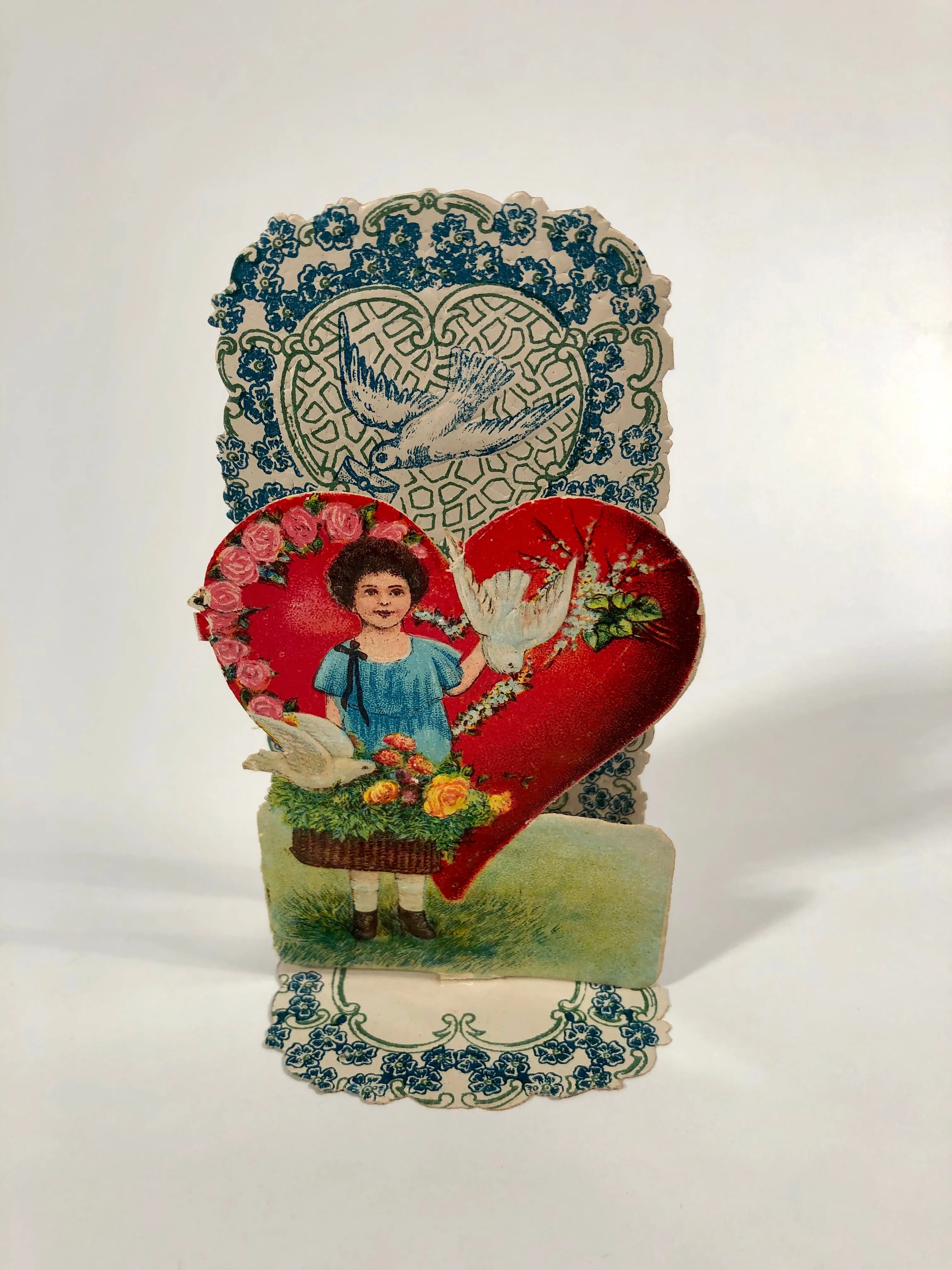 Antique Fold-Out Three Dimensional 1920's VALENTINE || Little Girl, Doves and Basket of Flowers