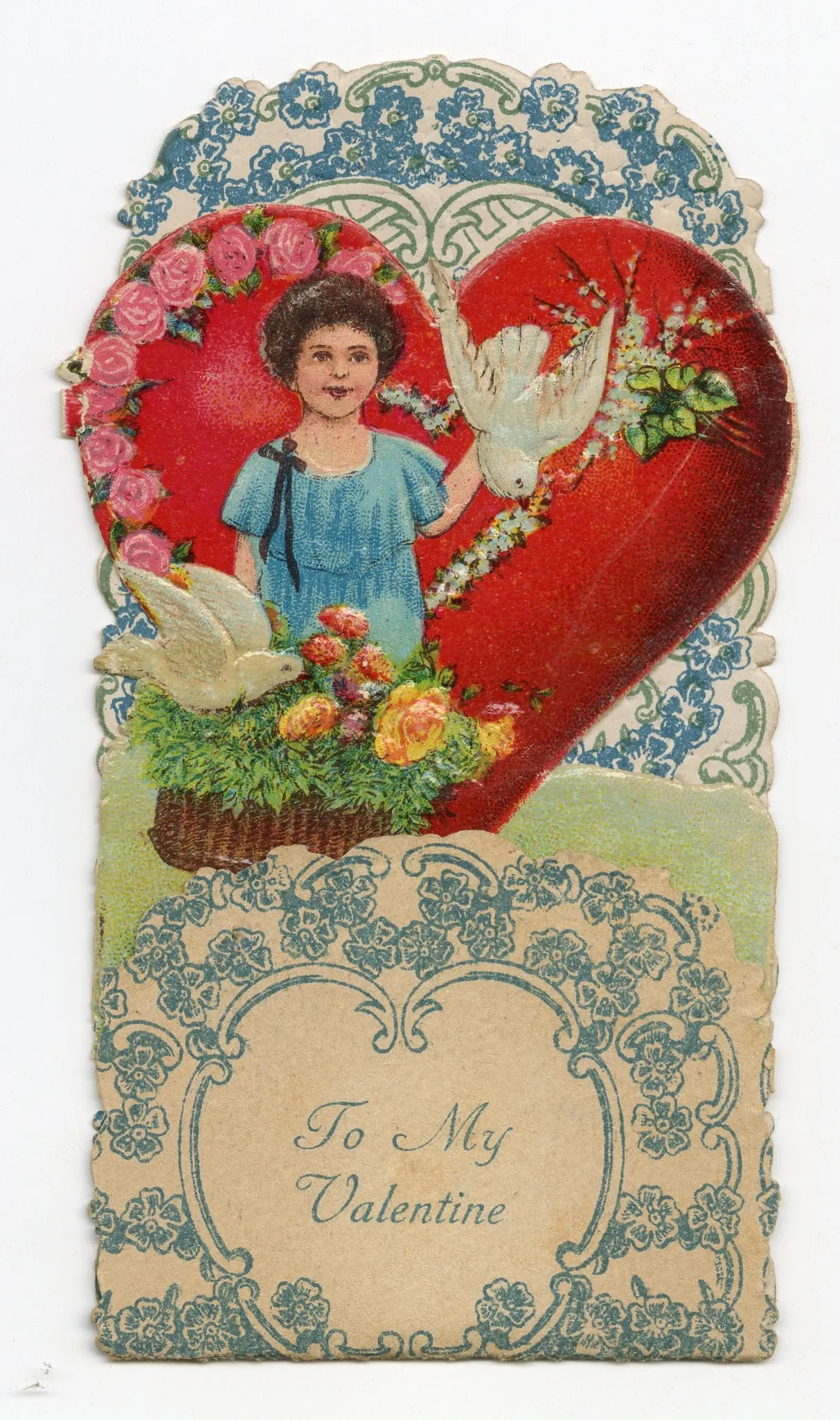 Antique Fold-Out Three Dimensional 1920's VALENTINE || Little Girl, Doves and Basket of Flowers