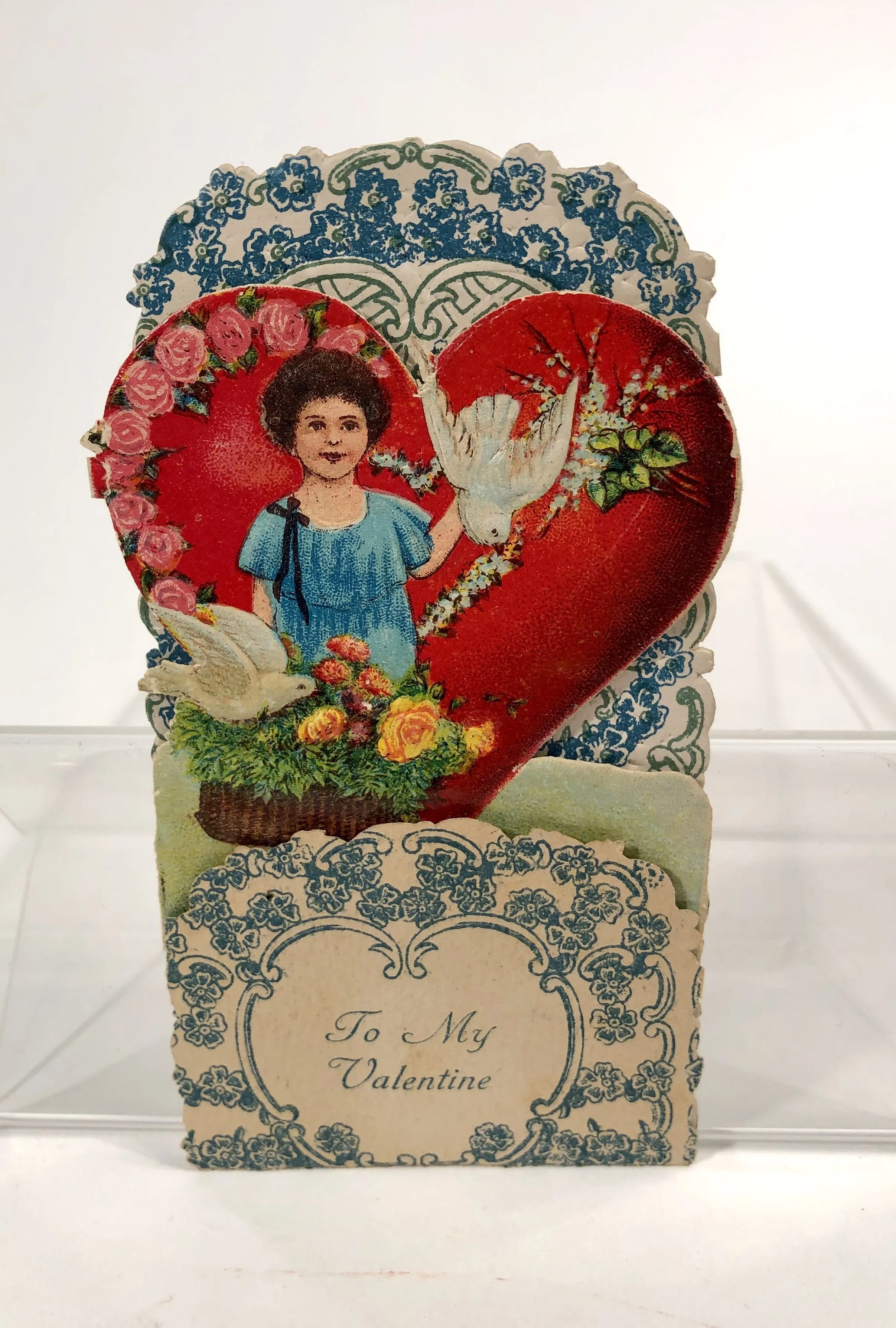 Antique Fold-Out Three Dimensional 1920's VALENTINE || Little Girl, Doves and Basket of Flowers