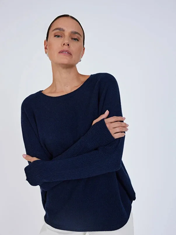 Arya Navy Cashmere Round Neck Poncho Jumper