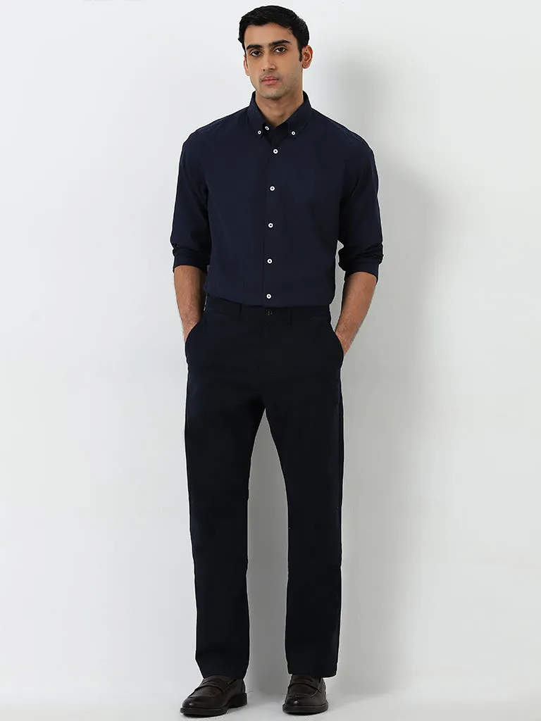 Ascot Navy Solid Relaxed-Fit Mid-Rise Cotton Blend Chinos