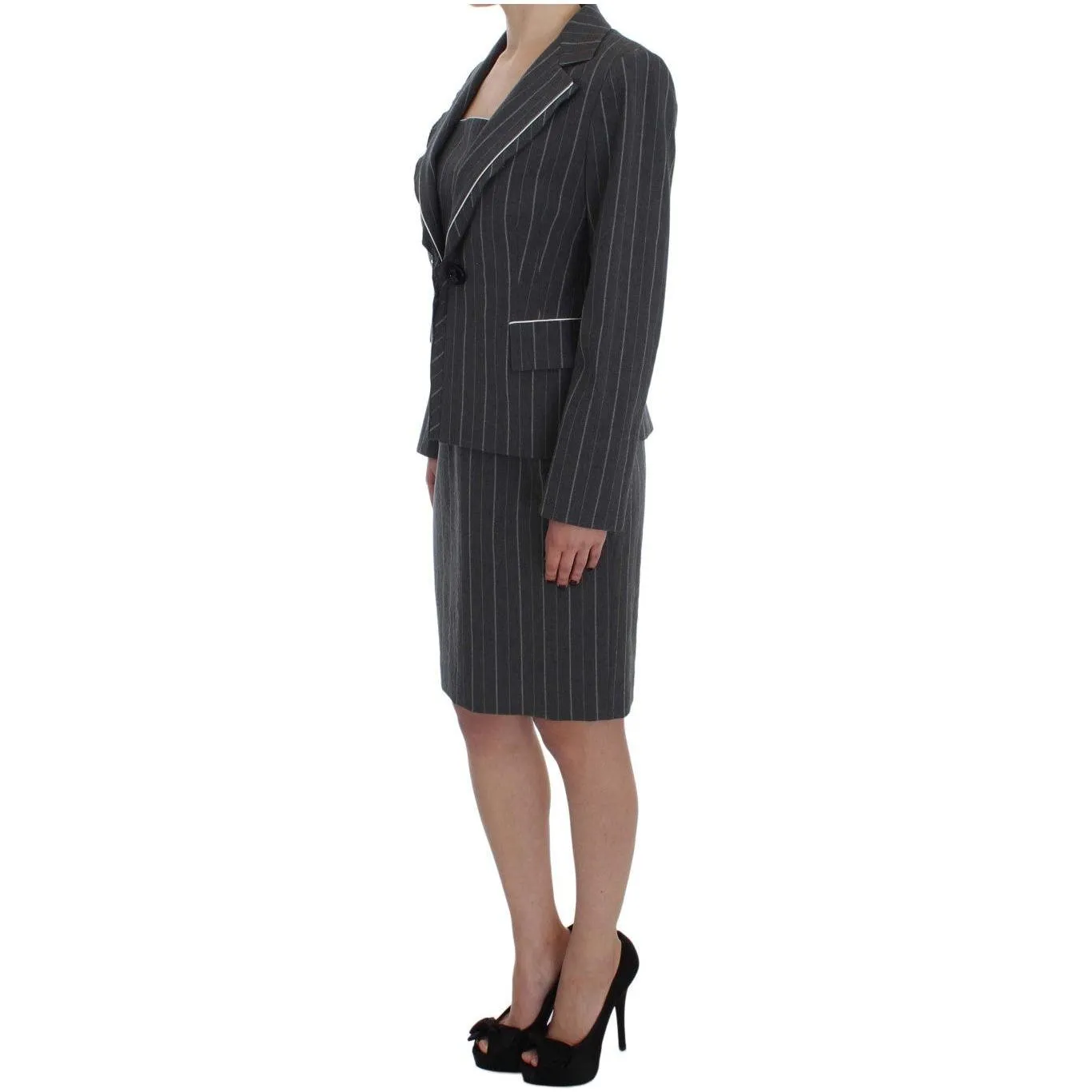 BENCIVENGA Elegant Gray Striped Dress & Blazer Suit Set