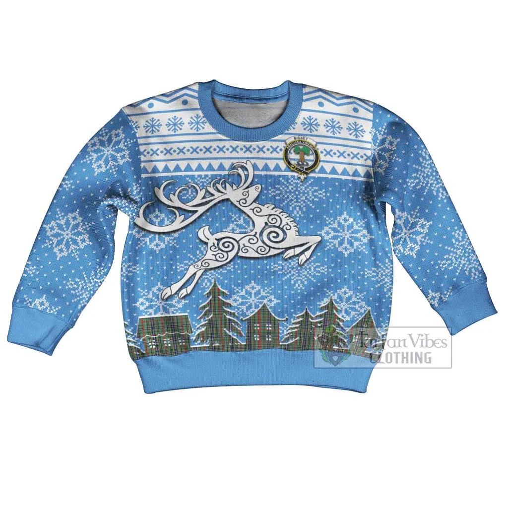 Bisset Clan Christmas Kid Ugly Sweater with Tartan and Celtic Reindeer Style