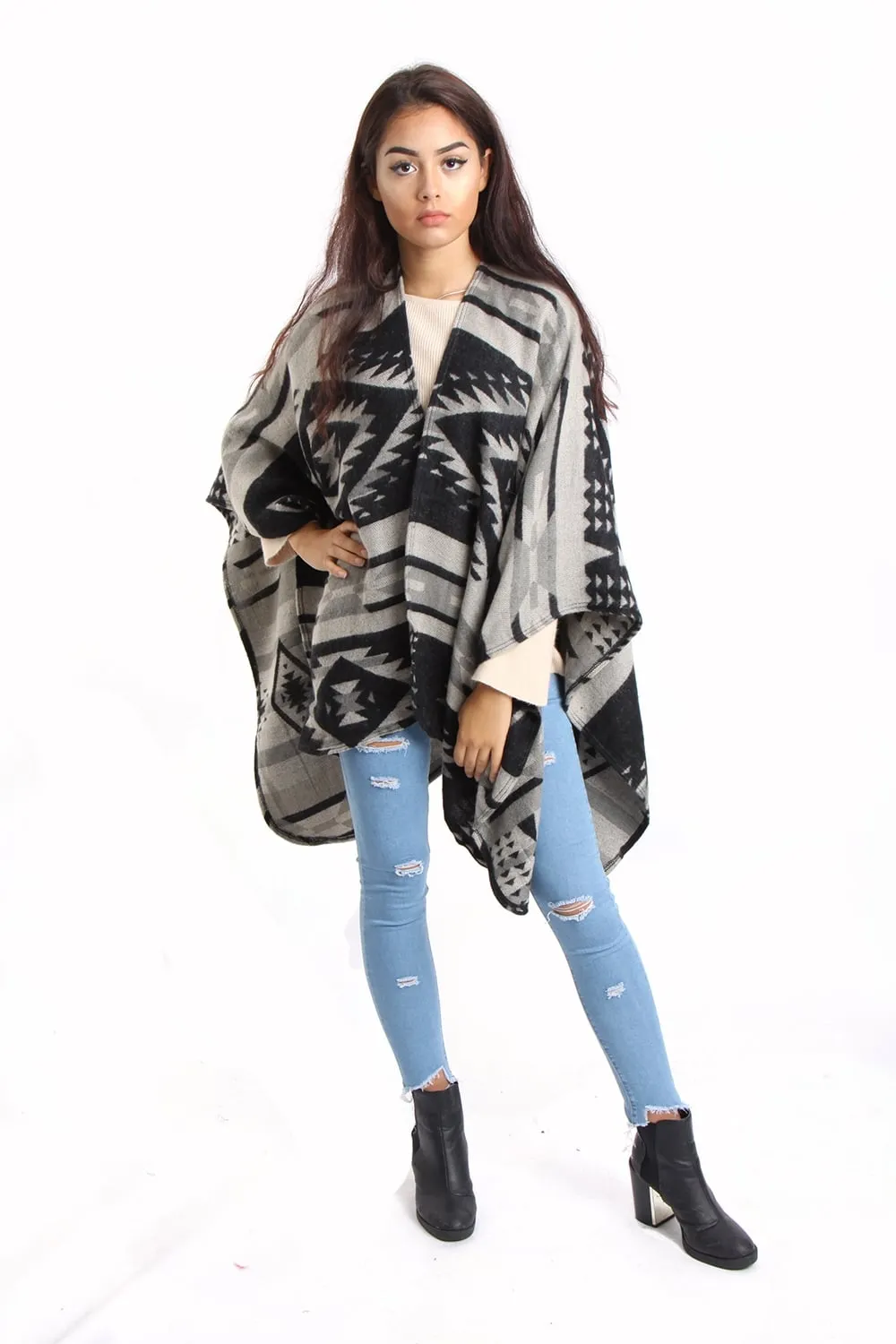 Black Grey White Aztec Blanket Cape