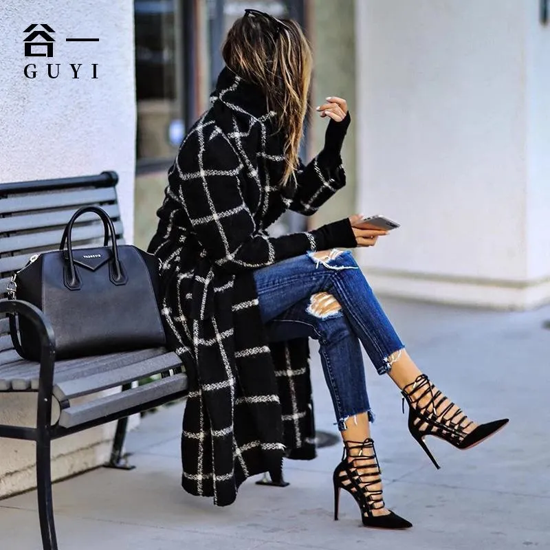 Black Plaid Long Overcoat for Winter