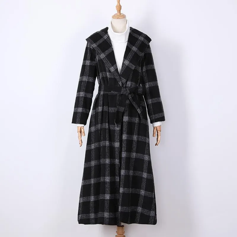 Black Plaid Long Overcoat for Winter