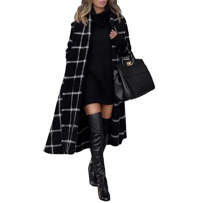 Black Plaid Long Overcoat for Winter