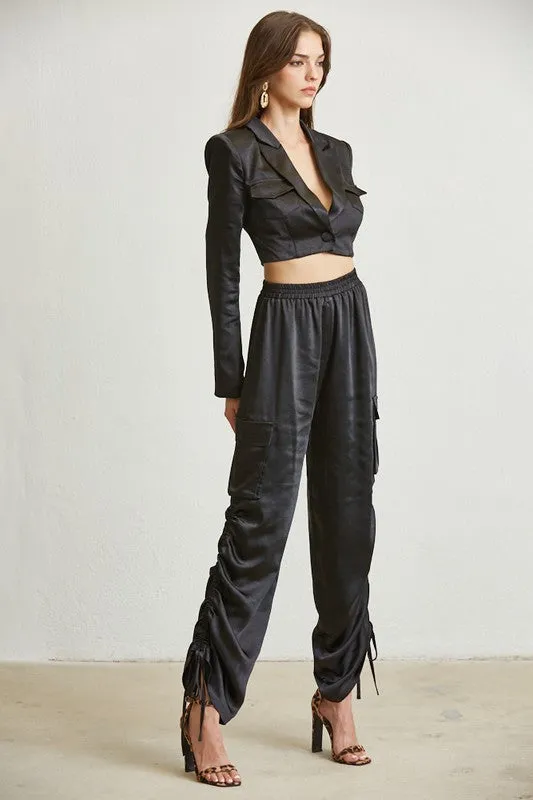 Black Satin Blazer Cargo Pant Set