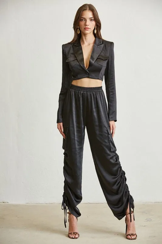 Black Satin Blazer Cargo Pant Set