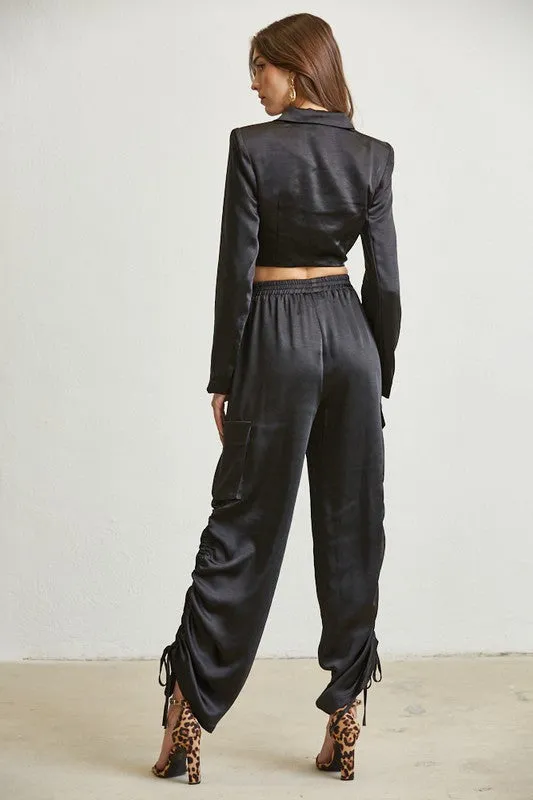 Black Satin Blazer Cargo Pant Set