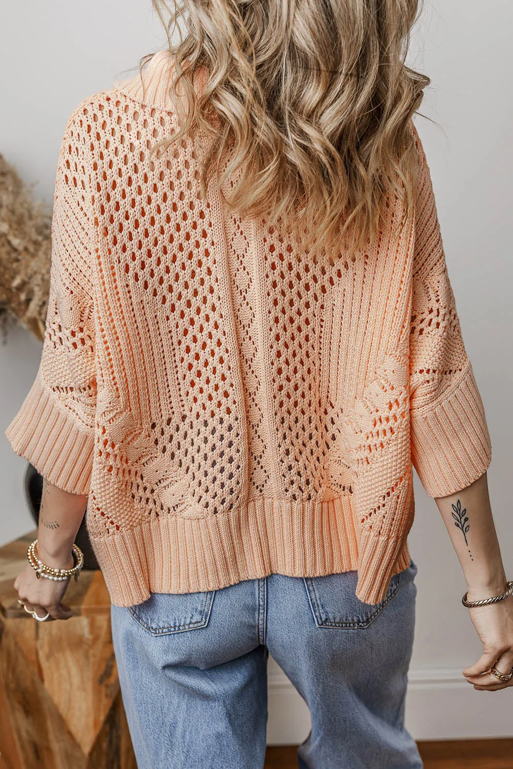 Blue Zone Planet |  Apricot Pink Hollowed Knit 3/4 Dolman Sleeve Buttoned Collared Sweater