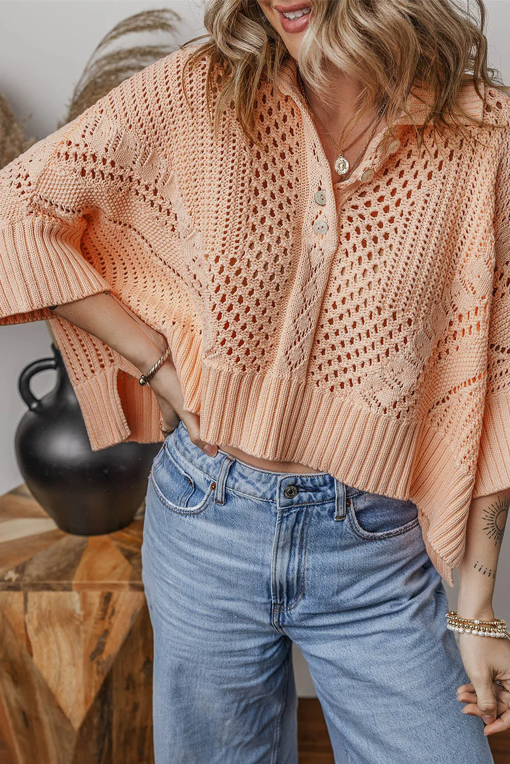 Blue Zone Planet |  Apricot Pink Hollowed Knit 3/4 Dolman Sleeve Buttoned Collared Sweater