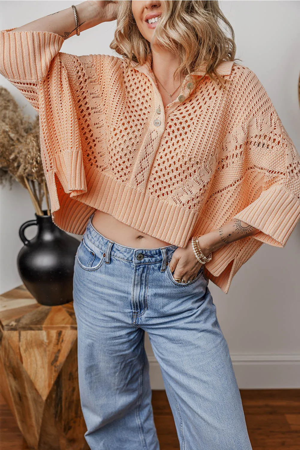 Blue Zone Planet |  Apricot Pink Hollowed Knit 3/4 Dolman Sleeve Buttoned Collared Sweater