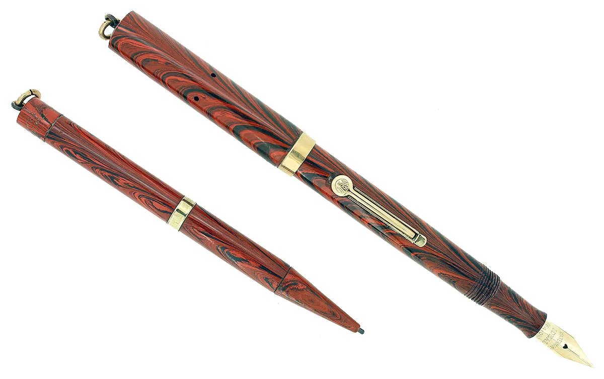 C1927 WATERMAN RED RIPPLE 52 1/2V FOUNTAIN PEN & PENCIL SET XF-BBB NIB RESTORED