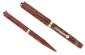 C1927 WATERMAN RED RIPPLE 52 1/2V FOUNTAIN PEN & PENCIL SET XF-BBB NIB RESTORED