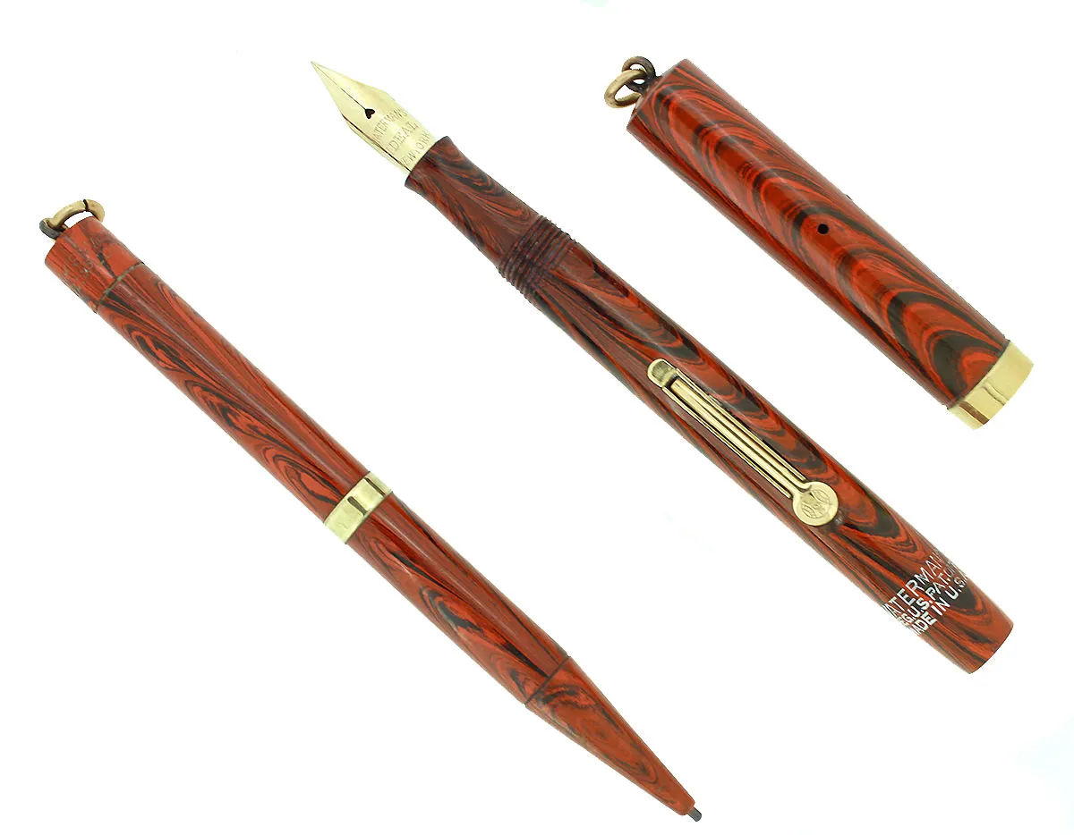 C1927 WATERMAN RED RIPPLE 52 1/2V FOUNTAIN PEN & PENCIL SET XF-BBB NIB RESTORED