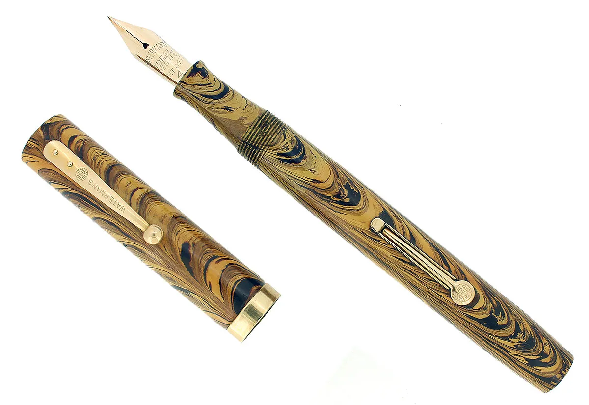 C1928 WATERMAN OLIVE RIPPLE 94 FOUNTAIN PEN AND PENCIL SET XXF - BB NIB RESTORED