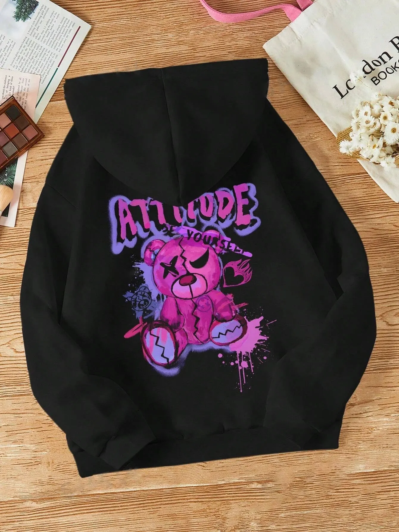 Cartoon Bear Printed Drawstring Hoodie Women's Casual Long Sleeve Fleece Hoodie Fashion High Street Y2K