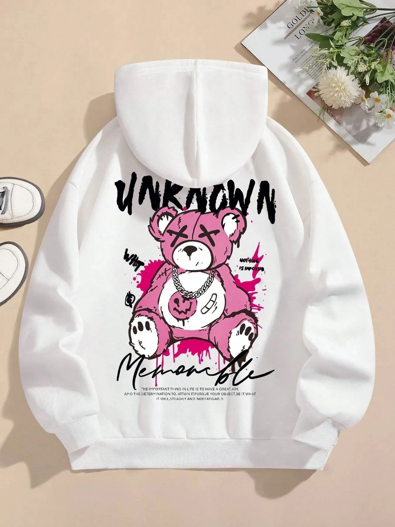 Cartoon Bear Printed Drawstring Hoodie Women's Casual Long Sleeve Fleece Hoodie Fashion High Street Y2K