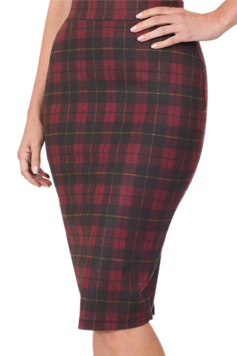 Checkered Pencil Skirt Style 1092 in Burgundy