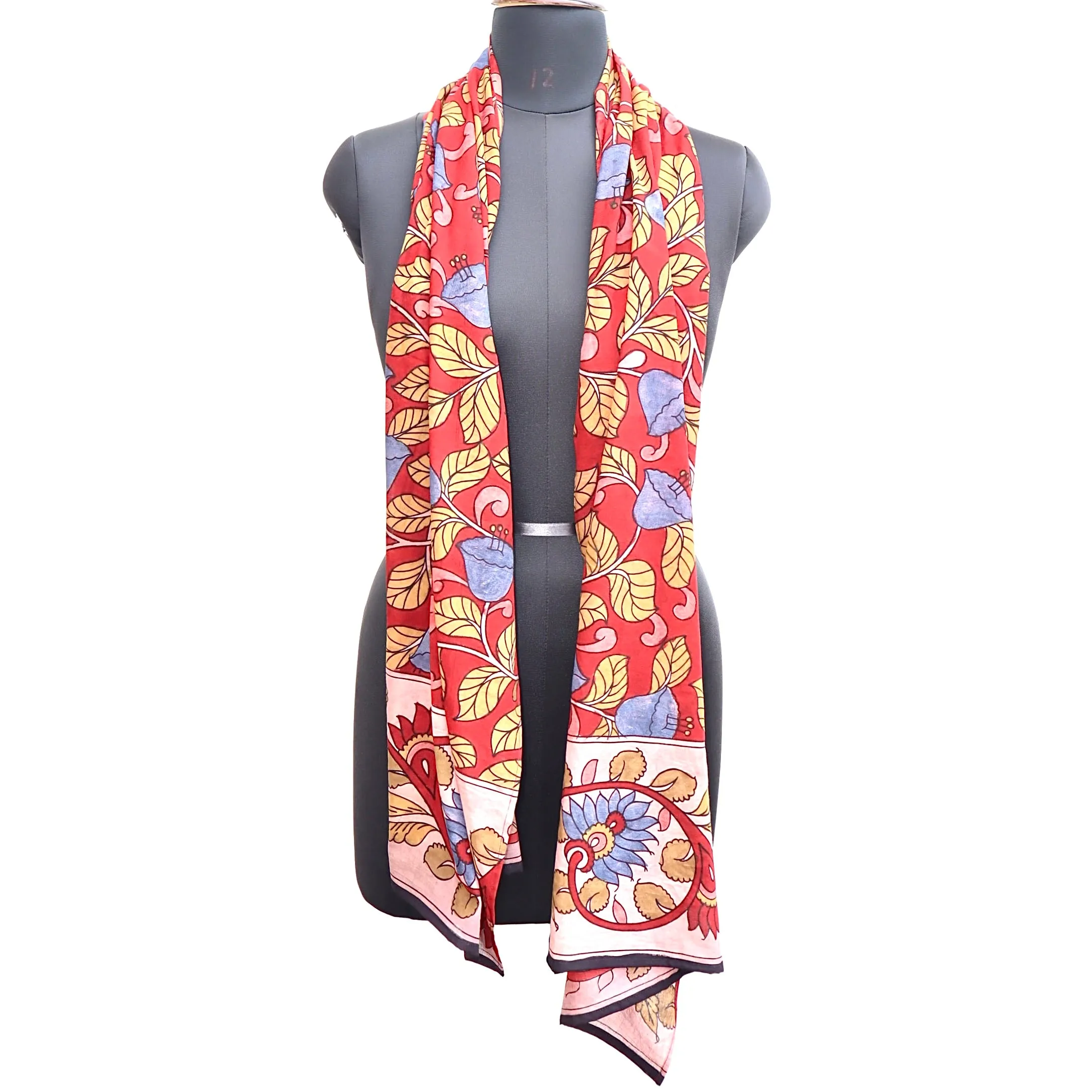 Crimson Blossom Symphony – Limited Edition Hand Painted Cotton Scarf (HS0006)