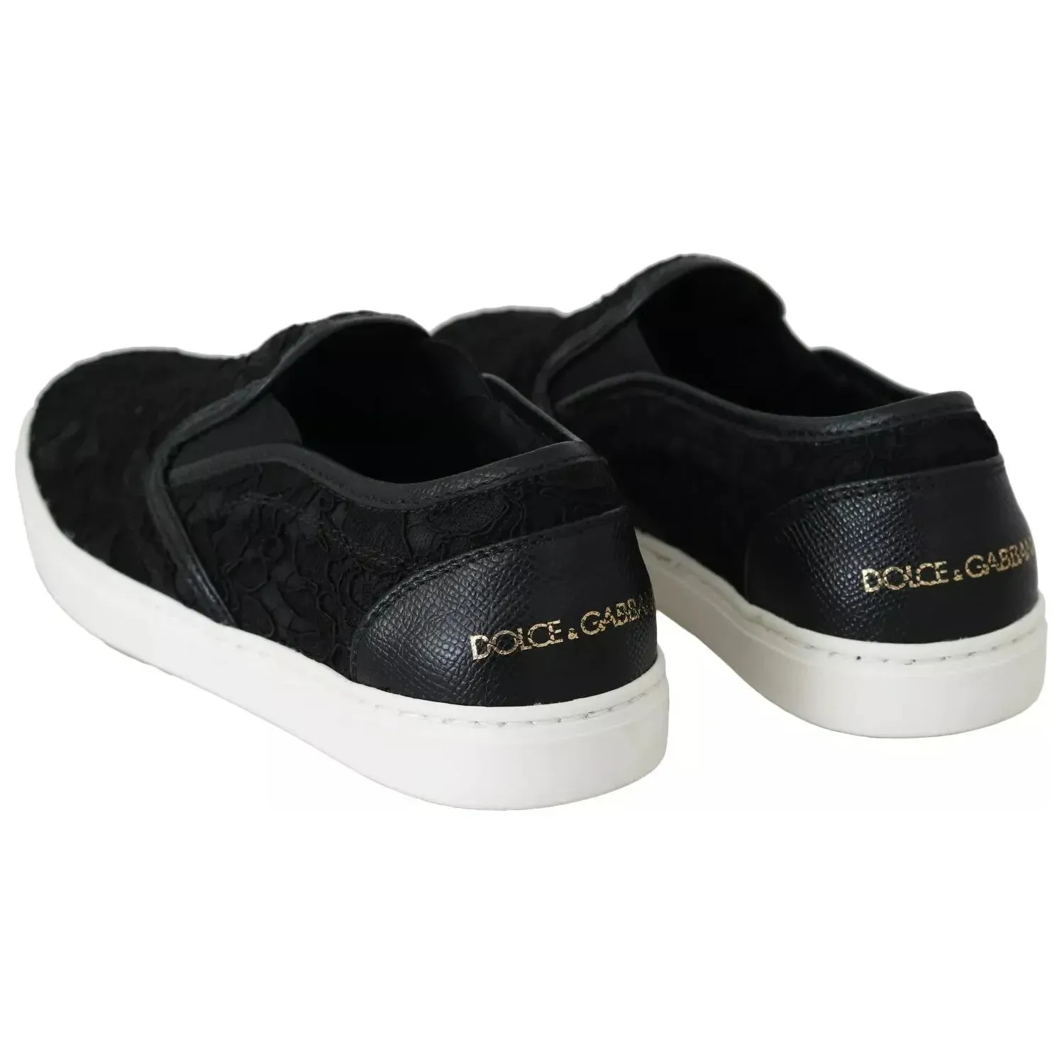 Dolce & Gabbana Black Lace Leather Logo Flat Slip-On Sneakers