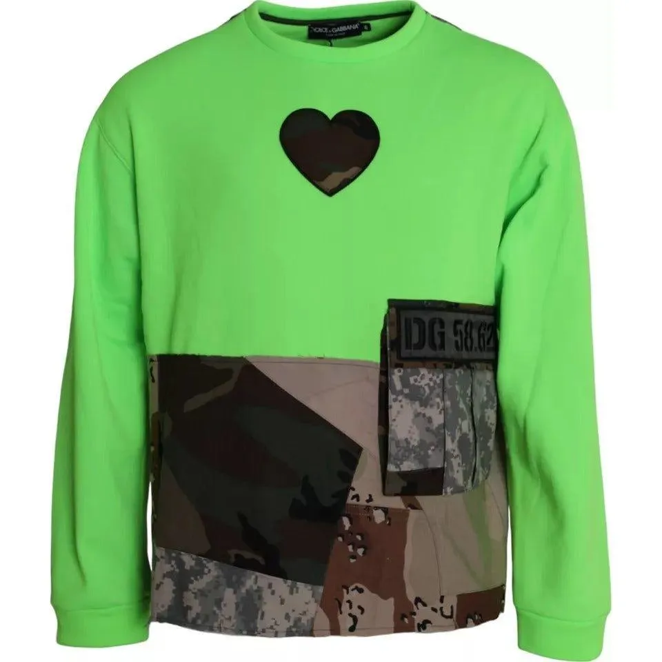 Dolce & Gabbana Green Patchwork Heart Crew Neck Pullover Sweater