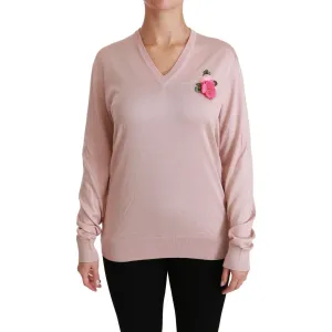 Dolce & Gabbana Pink Floral Silk V-Neck Sweater