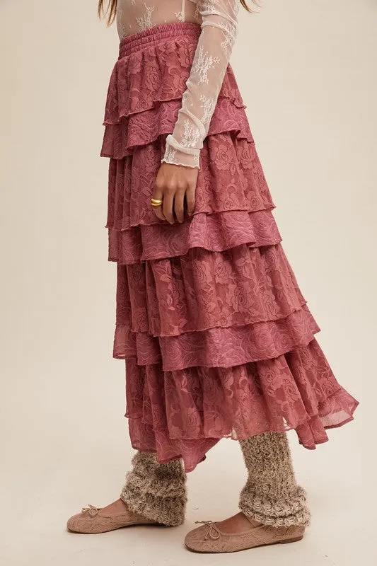 Dusty Rose Lace And Rose Jacquard Ruffle Tiered Maxi Skirt