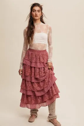 Dusty Rose Lace And Rose Jacquard Ruffle Tiered Maxi Skirt