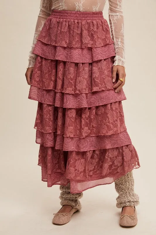 Dusty Rose Lace And Rose Jacquard Ruffle Tiered Maxi Skirt