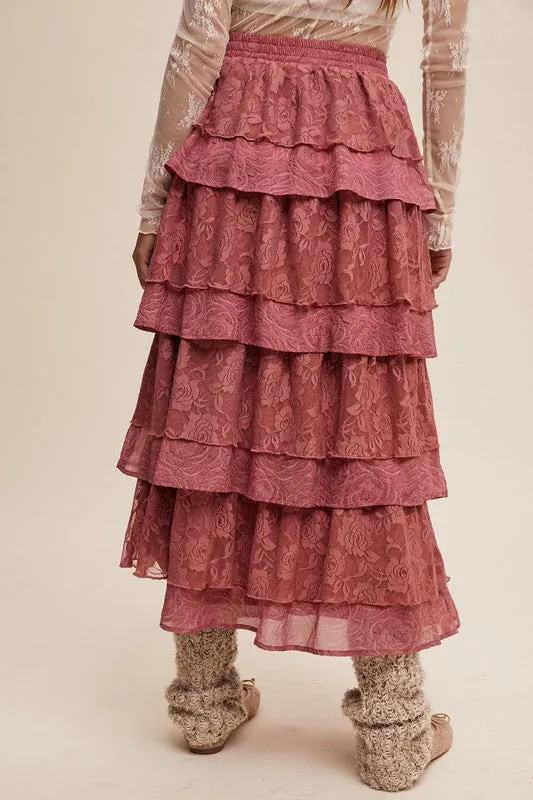 Dusty Rose Lace And Rose Jacquard Ruffle Tiered Maxi Skirt