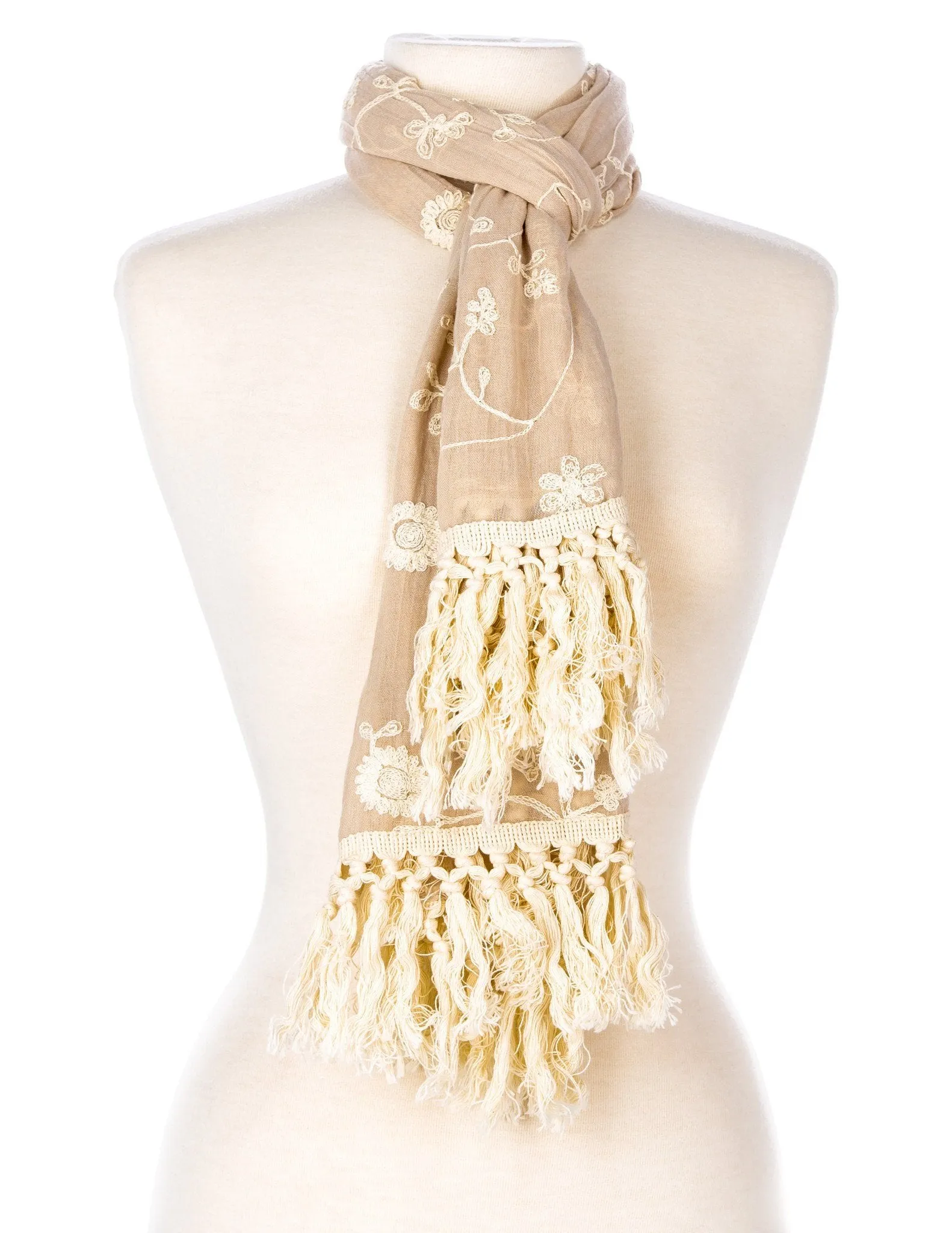 Embroidered Vine Scarf with Tassles - Beige