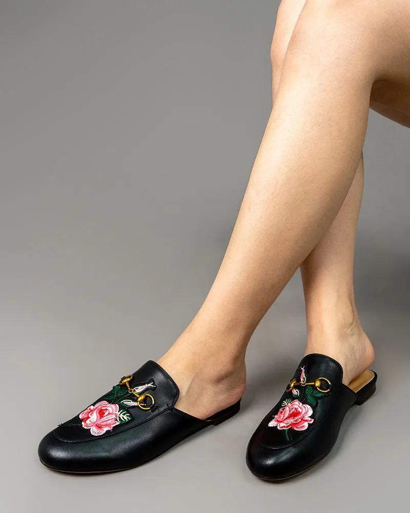 Embroidery Vamp Backless Slip On Mules