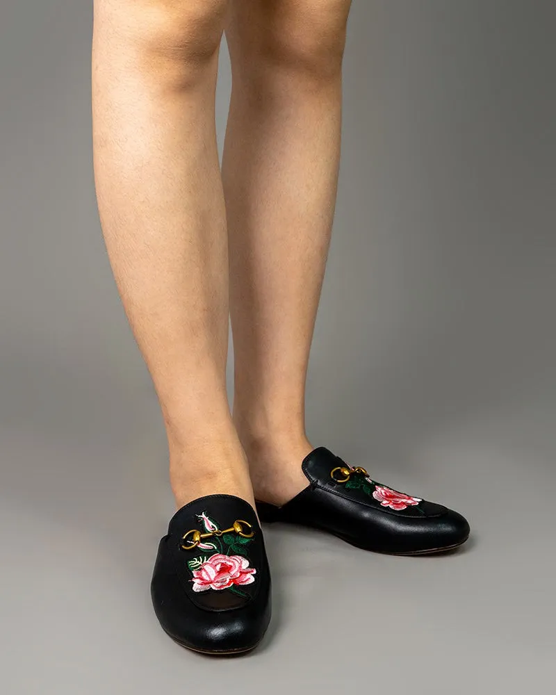 Embroidery Vamp Backless Slip On Mules