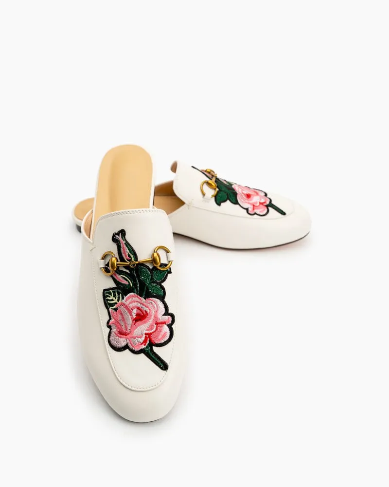 Embroidery Vamp Backless Slip On Mules