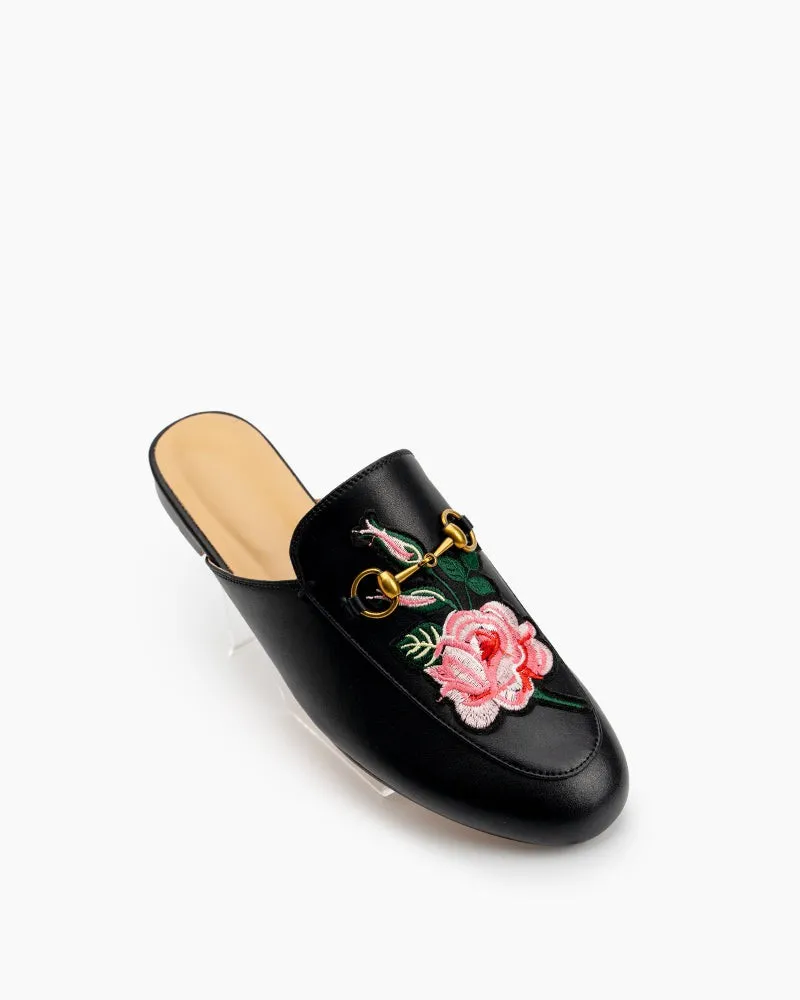 Embroidery Vamp Backless Slip On Mules