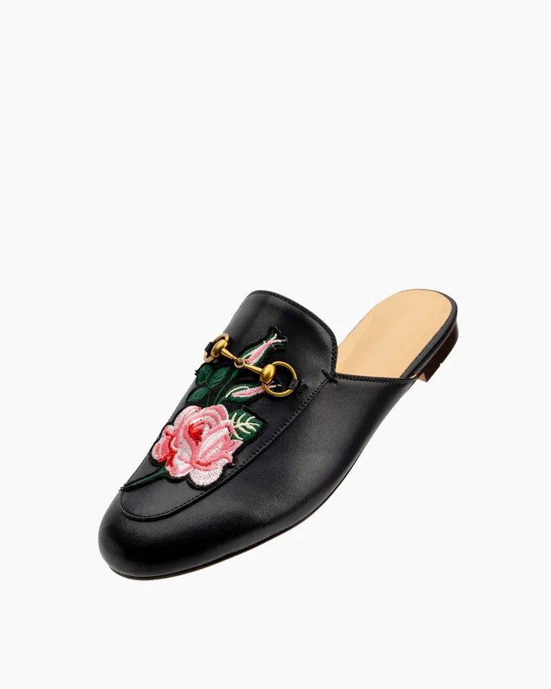 Embroidery Vamp Backless Slip On Mules