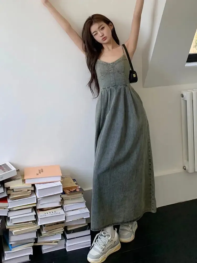 Fashion V Neck Sexy High Waist Denim Dress Summer Women A Line Retro High End Long Dress Streetwear Jeans Slim Backless Dresses