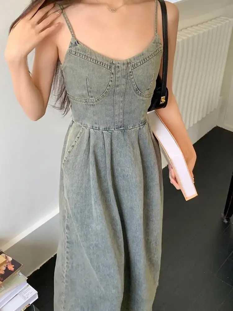 Fashion V Neck Sexy High Waist Denim Dress Summer Women A Line Retro High End Long Dress Streetwear Jeans Slim Backless Dresses