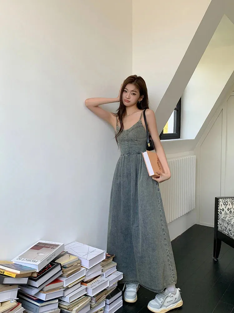 Fashion V Neck Sexy High Waist Denim Dress Summer Women A Line Retro High End Long Dress Streetwear Jeans Slim Backless Dresses