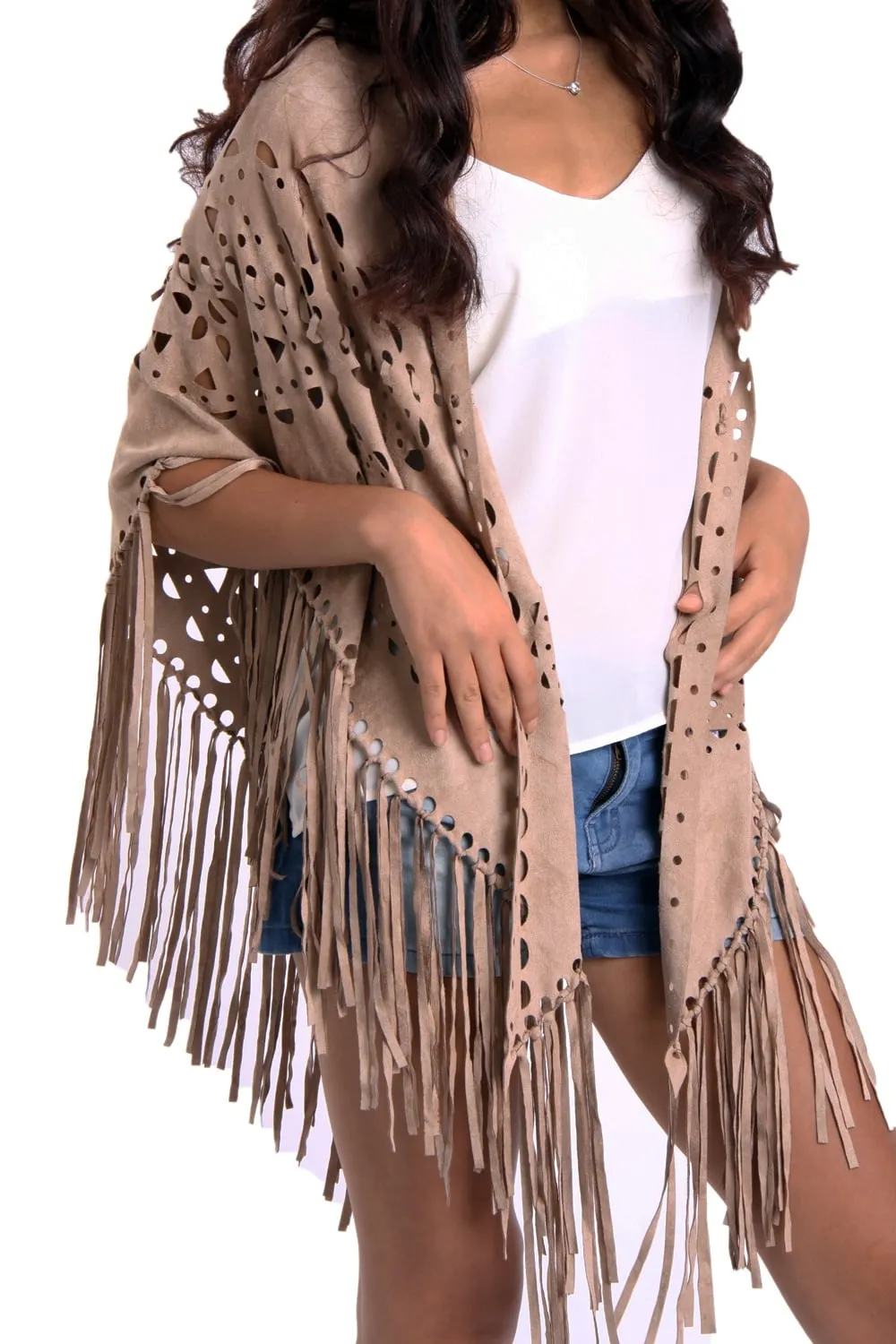 Faux Suede Laser Cut Fringe Cape