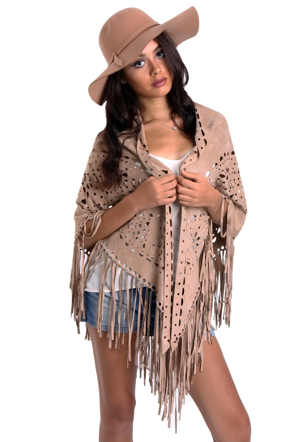 Faux Suede Laser Cut Fringe Cape