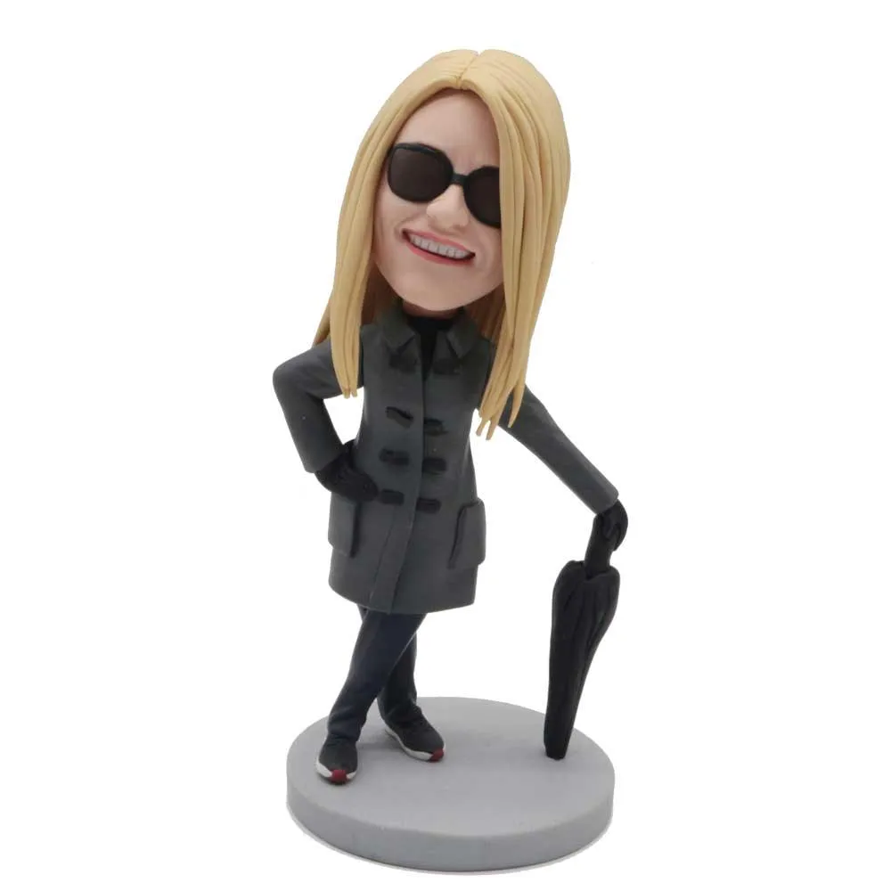 Female In Dark Grey Overcoat And One Hand Held The Umbrella Custom Leisure Bobblehead