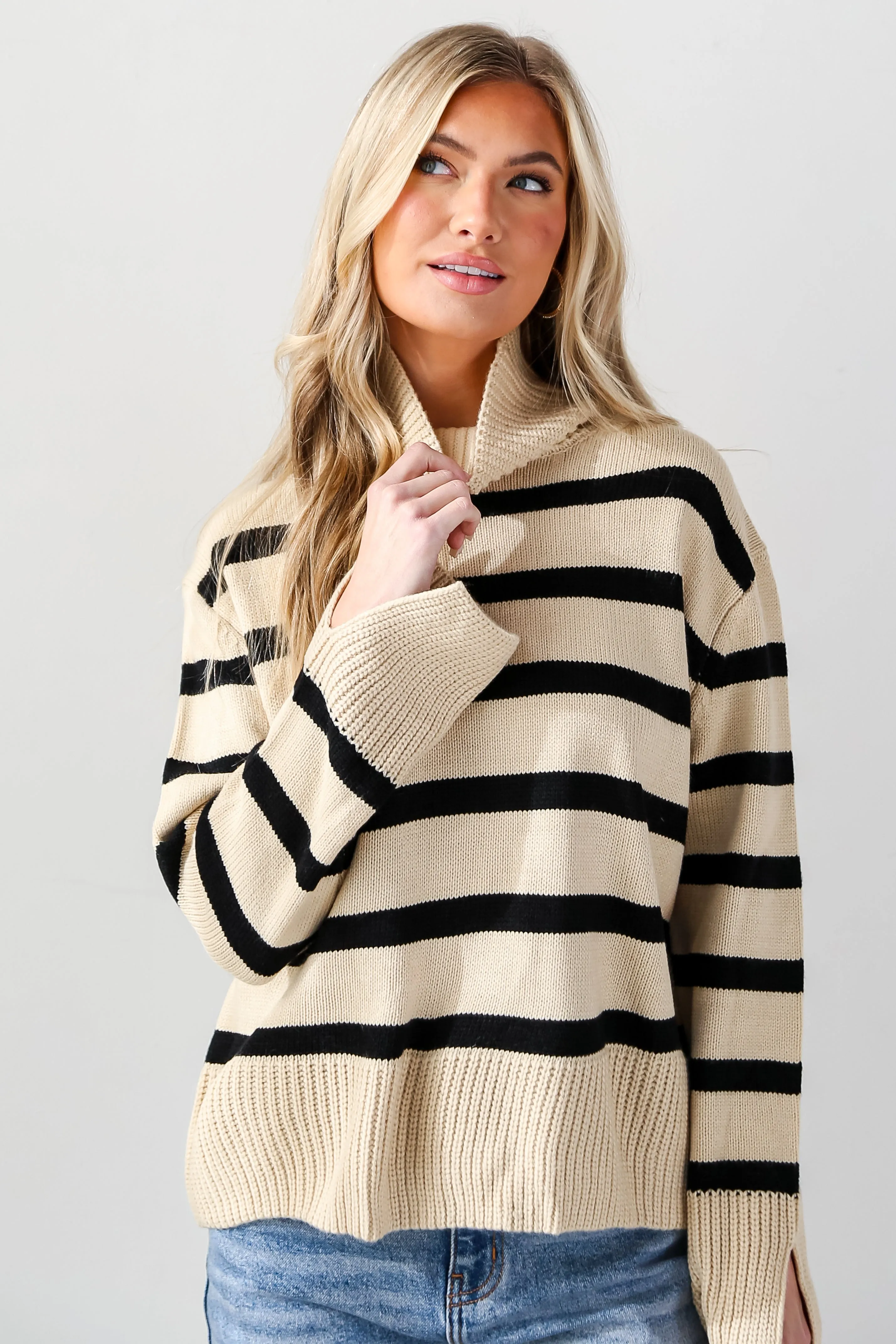 FINAL SALE - Signature Stunner Taupe Striped Turtleneck Sweater