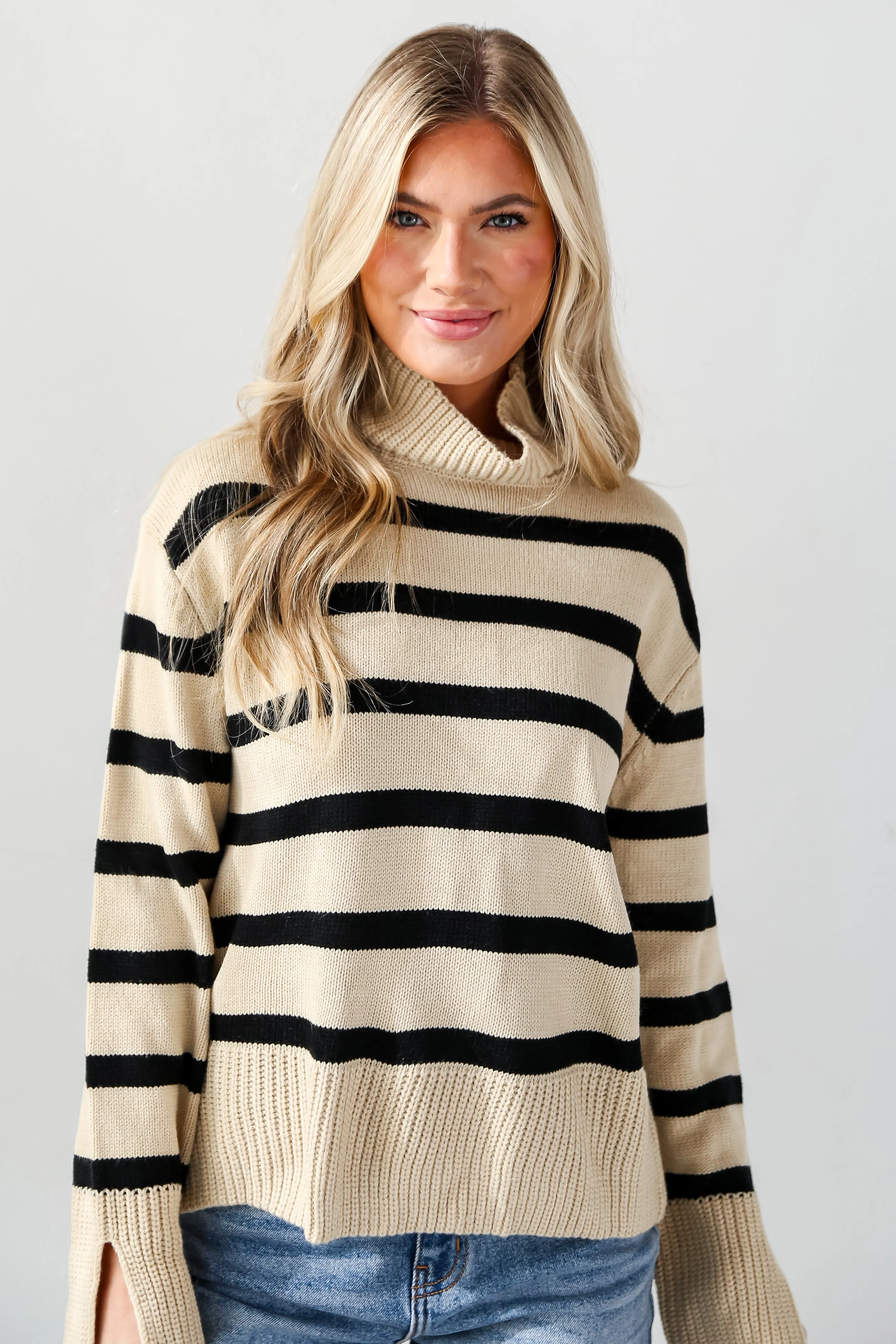 FINAL SALE - Signature Stunner Taupe Striped Turtleneck Sweater